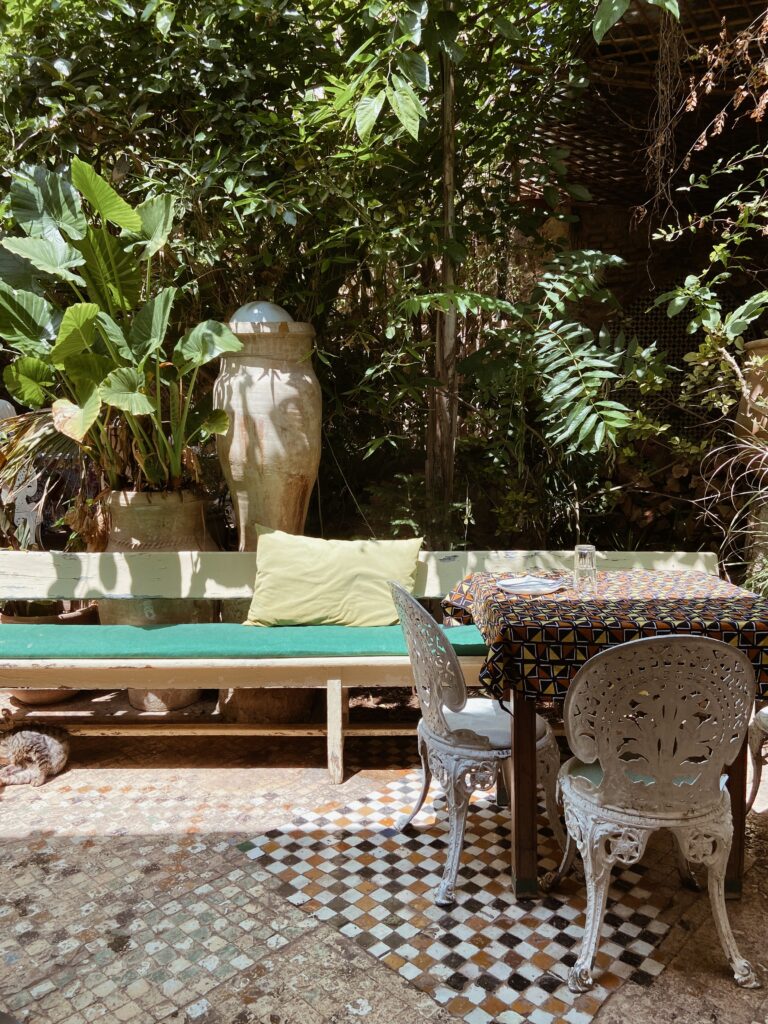 piante, tavolo e sedie del ristorante The Ruined Garden, situato nella medina di Fes